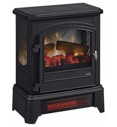 a black stove with flames in it