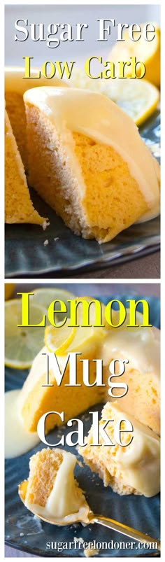 two pictures of lemon mung cake with the words sugar free low carb