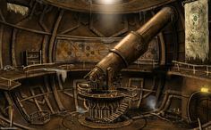 an image of a steampunk room with a telescope