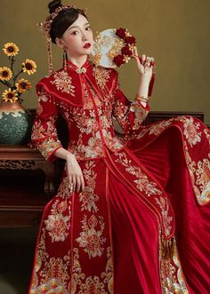 ⭐⭐ Free Shipment to Worldwide! Attention: Two options: Basic design without diamonds/ Upgrated design with Diamonds; Upgrated design: Embedded with Diamond throughout whole dress pattern; ⭐ Interpretation The suit's name: The Chinese Name for this Bridal Suit is 红妍喜君 Or 红妍惜君: Hong Yan Xi Jun; Xi（喜 Means Love/Joy; 惜 Means Cherish); 红妍 Means Red Brides Who is Beautiful; 君 Means Him/ Gentleman, Here is the Bridegroom; The charming Red Brides will love and cherish Her bridegroom for her lifetime! 1. Traditional Red Gown For Marriage, Traditional Red Marriage Dress, Traditional Red Dress For Marriage, Fitted Sets With Intricate Embroidery And Stand Collar, Long Wedding Sets With Floral Embroidery, Wedding Embroidered Sets With Stand Collar, Embroidered Wedding Sets With Stand Collar, Wedding Sets With Floral Embroidery And Stand Collar, Red Embroidered Ceremonial Gown