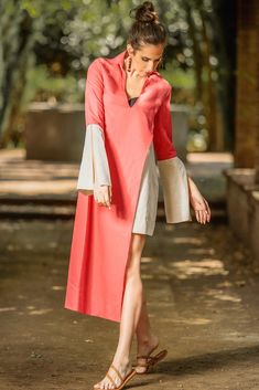 Sun Protective Asymmetric Linen Tunic Dress - Red Cotton Summer Dresses, Getaway Dress, Dresses Linen, Mediterranean Summer, Summer Long Sleeve, Vacation Clothes