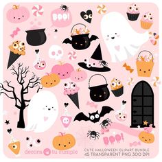 halloween clipart bundle with cute pumpkins, bats and other decorations on a pink background