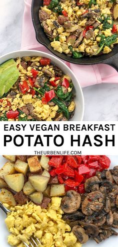 an easy vegan breakfast with potatoes, eggs and mushrooms in a skillet on the side