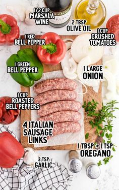 the ingredients to make italian sausage on a cutting board, including tomatoes, bell peppers, garlic and olives