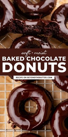 baked chocolate donuts on a cooling rack with text overlay