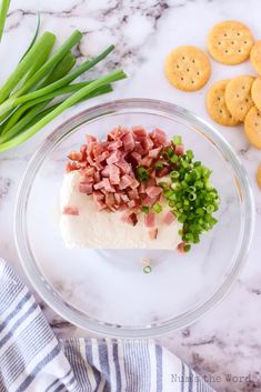 the ingredients to make this appetizer are displayed in a glass bowl