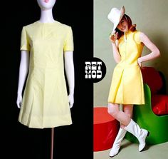 Cute Atomic Vintage 60s 70s Bright Light Pastel Yellow Scooter Dress Model photo is for ambience and vibes only. It is not the same dress. Please note that colors can vary from screen to screen, and in real life. Color is a very light, bright pastel yellow. Sorry about the wrinkles! I hate ironing ;) Fabric is a lightweight crepe-style and semi-sheer. Will need a slip. Very pretty! Shoulder 15.5" (laid flat) Bust 18.5" (laid flat) Waist 17" (laid flat)  Hip 18" (laid flat)  Length, Top to Bottom 35.5" Bottom Opening 22.5" (laid flat) Sleeve Length 7"  Sleeve Opening 6" (laid flat) Tag: none Condition: 2 Condition Scale:  1-Immaculate Vintage Condition (Rare) 2-Unnoticeable Vintage Wear or Spots that are unphotographable 3-Small Noticeable Vintage Wear or Spots, as photographed 4-A Lot of N Retro Dresses For Spring Retro-themed Events, Spring Retro Dresses For Retro-themed Events, Retro Summer Dresses For Retro-themed Events, Summer Retro Dresses For Retro-themed Events, Yellow Scooter, Scooter Dress, Life Color, Bright Pastels, Light Bright