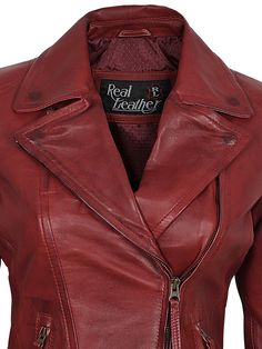 Add a sophisticated edge to your dressing with this red-fitted leather jacket for women. It's crafted from incredibly high-quality leather material and is lined with viscose. The wide lapel, asymmetrical zip closure, and modern fit design add aesthetics to the leather outerwear while the two external zipper pockets have been placed for utility purposes. Specification Material: Real Leather, Viscose Lining Front: Asymmetrical Zip Closure Pockets: Internal and External Color: Red Wine Red Leather Jacket, Luxury Burgundy Leather Jacket For Women, Classic Red Leather Jacket With Button Closure, Fitted Red Leather Jacket With Button Closure, Red Single-breasted Leather Outerwear, Leather Outerwear, Red Fits, Leather Jackets Women, Leather Material