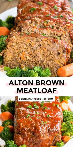 meatloaf on a plate with carrots and broccoli in the background