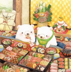 two teddy bears sitting at a table filled with sushi and other food items in front of them