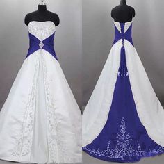 the dress is white and blue with a purple sash around it's neckline