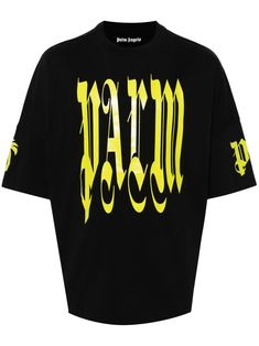 black/neon green cotton jersey texture crew neck short sleeves gothic print logo to the front, sleeves and rear mini logo tag straight hem Gothic Logo, Versace Sneakers, City Shorts, Mini Logo, Mini Logos, Black Neon, Logo Tag, Balenciaga Triple S, Summer Beach Wear