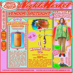 an advertisement for the night market vendor spotlight show, featuring items from various countries and colors