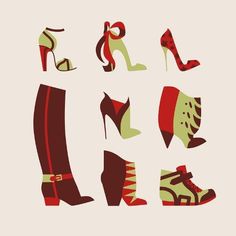 various types of high heeled shoes on a white background with red and green accents