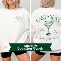 Experience the ultimate comfort and style with our custom bachelorette crewnecks, designed exclusively for the Bride to Be and her fabulous Maid of Honor. Crafted from a blend of premium polyester and cotton, these non-basic crewnecks guarantee pure relaxation and a flawless appearance. Our custom bachelorette crewnecks are the epitome of chic and personalized fashion. With a perfect combination of 50% cotton and 50% polyester, these garments are not only incredibly soft but also incredibly dura Customizable Crew Neck Tops For Bachelorette Party, Relaxed Fit Crew Neck Top For Bachelorette Party, Bachelorette Crewneck, Club Bachelorette, Custom Bachelorette, Bridesmaid Bags, Bachelorette Trip, Tropical Theme, Beach Club