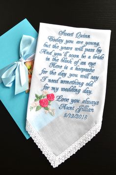 Flower girl gift - something old hankie. This is the perfect gift for the Bride to give to her Flower girl. Buy personalized wedding handkerchiefs for your flower girls. So the little girl will have a special something old on her own wedding day in the future. This custom flower girl handkerchief is a truly beautiful wedding favor! The perfect personalized embroidered handkerchief includes the following sentiment: Today you are young, but the years will pass by And you'll soon be a bride in the Elegant Personalized Handkerchiefs For Mother's Day, Elegant Handkerchiefs For Mother's Day Personalized Gift, Handmade White Handkerchiefs For Gift, White Handmade Handkerchief As Gift, Handmade Vintage Handkerchiefs As Gift, Vintage Handmade Handkerchiefs As Gifts, Personalized Handkerchiefs For Bridesmaids, Mother's Day Gift, Personalized Handkerchiefs For Bridal Shower, Personalized Handkerchief Wedding