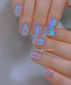 Nail Art. Nail Color. Summer Nails. images generated by google neural network. Cellophane Nail Art, Short Nail Designs Iridescent, Holographic Accent Nails, Color Shifting Nails, Holographic Gel Nails Short, Short Acrylic Nails Holographic, Nail Color Summer, Color Summer Nails, Purple Holo Nails