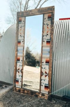 "The original Bunkhouse mirror in the Chief Joseph Rosewood Pendleton® fabric! This is an essential piece in every western/southwestern home. Each mirror is made to order to ensure quality control.  This mirror is made with genuine Pendleton® fabric. Please allow 4-6 weeks for this custom piece to be created and shipped.  Dimensions Standard: Total dimensions are approximately 2'2\" x 4' 8\", with mirror dimensions of 12\" wide x 48\" tall. Floor Style: Total dimensions are approximately 33.5\" x 69.5\", with mirror dimensions of 20\" wide x 60\" tall. Vanity: Total dimensions are approximately 37.25\" x 43.5\", with mirror dimensions of 24\" wide x 36\" tall. Compact Vanity: Total dimensions are approximately 29.5\" x 35.5\", with mirror dimensions of 18\" wide x 30\". Four-Sided Vanity: Western Room Ideas, Western Mirror, Country Bedroom Decor, Western Bedroom Decor, Chief Joseph, Ranch House Decor, Western Rooms, Western Bedroom, Southwestern Home