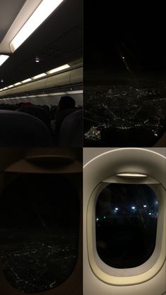 the view from an airplane window at night and in the distance, there are lights