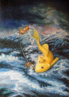 a painting of a goldfish catching a fish with a fishing line in its mouth