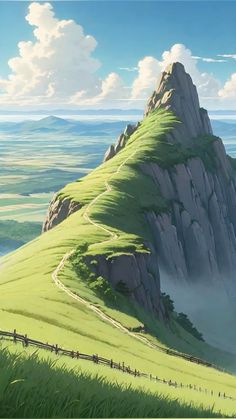 an anime scene with people walking on a path to the top of a grassy hill