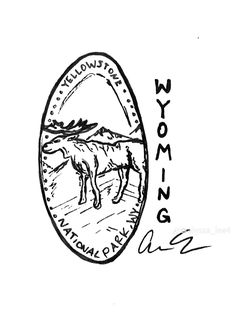 a black and white drawing of a horse in an oval with the words wyoming on it