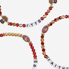 Accessorize and maximize your fandom while impressing your fellow fans with this San Francisco 49ers 3 Pack Friendship Bracelet. These matching friendship bracelets have an all-over team-colored design and team logo displays, which makes them the perfect way to show your support for the San Francisco 49ers and get in on the latest accessory craze. Every bead bracelet design is the perfect addition to your outfit, whether you’re heading to the game, watching at home, or just hanging out with frie Matching Friendship Bracelets, Deebo Samuel, Team Bracelets, Cool Friendship Bracelets, Christian Mccaffrey, Friendship Bracelets With Beads, Clay Bracelet, Diy Bracelet Designs, Beads Bracelet Design