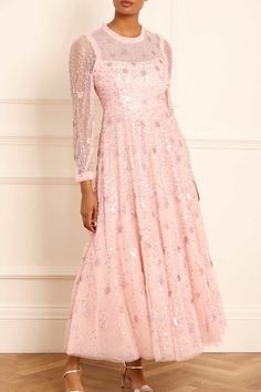 Shooting Stars Long Sleeve Ankle Gown – Pink | Needle & Thread Festive Contrast Sequin Gown For Gala, Festive Contrast Sequin Gala Gown, Festive Floor-length Gown With Contrast Sequin, Festive Contrast Sequin Wedding Dress, Festive Contrast Sequin Gown For Prom, Festive Contrast Sequin Prom Gown, Festive Prom Gown With Contrast Sequin, Festive Embellished Sequin Prom Dress, Sparkling Sequin Dress For Gala Festivities