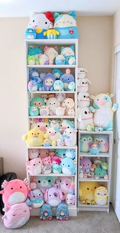 a room filled with lots of stuffed animals and toys on top of bookshelves