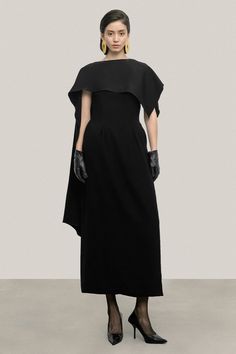 Matilda A-line Cape Shoulder Crepe Midi Dress | MEAN BLVD Formal A-line Midi Dress With Draped Sleeves, Formal Pre-draped A-line Maxi Dress, Formal Pre-draped A-line Midi Dress, A-line Midi Dress With Draped Sleeves For Formal Occasions, Formal A-line Maxi Dress Pre-draped, A-line Midi Dress With Structured Boning For Evening, Pre-draped A-line Midi Dress For Evening, Evening A-line Midi Dress With Draped Sleeves, Pre-draped Cape Evening Dress