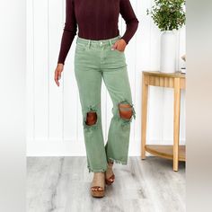 Risen, Straight Leg Size 13/31. Soft, Stretchy, True To Size. Green Bottoms With Frayed Hem For Fall, Green Distressed Bottoms For Spring, Spring Green Distressed Bottoms, Green Relaxed Fit High-waisted Jeans, Spring Distressed Green Jeans, Green Non-stretch Straight Leg Jeans, Green Full-length Denim Jeans, Distressed Straight Leg Jeans, Green Non-stretch Denim Jeans