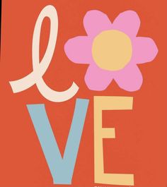 the word love is written with flowers on an orange background