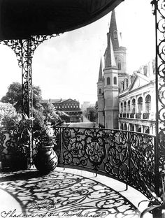 black and white photograph of an ornate balcony