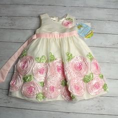 New With Tags American Princess Special Occasion Party Dress With Floral Roses Sleeveless 100% Polyester Machine Wash Spring Summer Wedding Flower Girl Easter Church Toddler Girl Size 2t This Special Occasion Dress Is Ivory With Pink Roses And Green Leaves. It Has A Back Zipper With Sash Tie. The Skirt Is Layered With A Slip And Tulle Ruffle. It Is Absolutely Gorgeous And Is Brand New With Tags. Spring Floral Applique Princess Dress For Garden Party, Pink Floral Applique Princess Dress For Garden Party, Pink Princess Dress With Floral Applique For Garden Party, Spring Sleeveless Princess Dress For Birthday, Sleeveless Princess Dress For Spring Birthday, Sleeveless Spring Princess Dress For Birthday, Cream Birthday Dress For Spring, Cream Dress For Spring Birthday, Cream Spring Birthday Dress