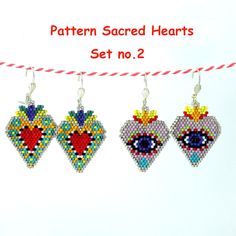 three heart shaped beaded earrings hanging on a line with the words pattern sacred hearts set no 2