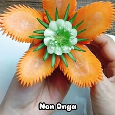 someone is holding an orange flower with white flowers on it and the words non - origa written below