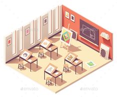 an illustration of a classroom with desks and chalkboards on the wall, in front of a blackboard