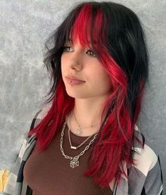 Hair With Highlights And Bangs, Red Hair Underneath, Halo Hair Colors, Red Hair Streaks, Edgy Hair Color, Color Block Hair, Red Hair With Highlights, Black Red Hair, Split Dyed Hair