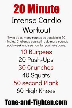 the 20 minute intense cardio workout is shown in red and black, with instructions for each