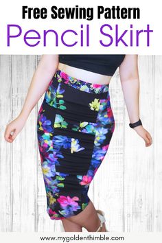 a woman wearing a pencil skirt with text overlay that reads free sewing pattern for the pencil skirt