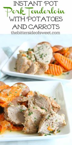 two white plates topped with meat and carrots