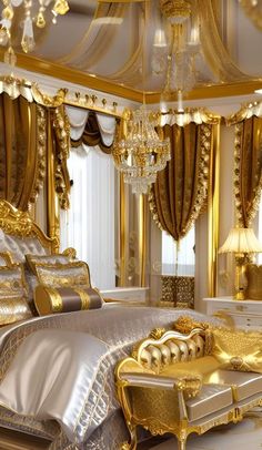 a luxurious bedroom with gold furniture and chandelier