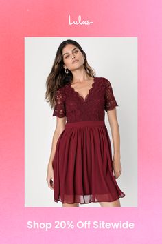 Look like you just arrived off of cloud nine in the Lulus Angel in Disguise Burgundy Lace Skater Dress! This perfect little cocktail dress features delicate scalloped lace that frames a trendy V-neckline and adds a touch of romance to the short sleeves. The banded waist effortlessly cinches your figure, while the flirty chiffon skater skirt adds a playful and flouncy touch. Hidden back zipper/clasp. Fit: This garment fits true to size. Length: Mid-thigh. Size medium measures 35.5" from shoulder to hem. Bust: Works best for A to C cup sizes - consider sizing up for fuller bust. Waist: Fitted - very fitted at natural waist. Hip: Not Fitted - room for hips. Undergarments: May be worn with any standard bra. Fabric: Fabric has no stretch. Lined. Shell: 100% Polyester. Contrast: 100% Polyester. V-neck Lace Bodice Dress For Date Night, V-neck Bridesmaid Dress With Lace Patchwork, Bridesmaid V-neck Dress With Lace Patchwork, Lace Mini Dress With Lace Trim For Date Night, Flirty Mini Dress With Scalloped Lace, Summer Night Out Dress With Delicate Lace, Scalloped Lace Mini Dress For Date Night, Fitted Flirty Dress With Scalloped Lace, Scalloped Lace V-neck Dress For Brunch