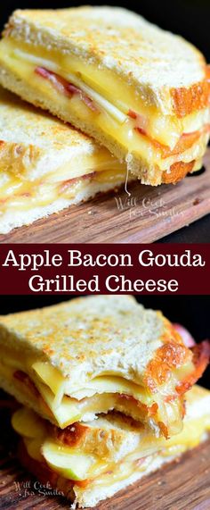 three different views of an apple bacon gourmet grilled cheese sandwich