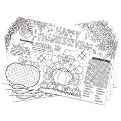 three thanksgiving coloring pages with the words happy thanksgiving on them and an image of a turkey