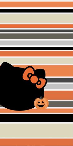 an orange and black striped background with a bear on it's back, surrounded by pumpkins