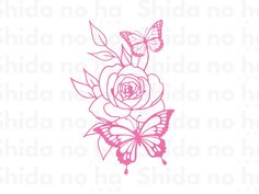 a pink rose and butterflies on a white background