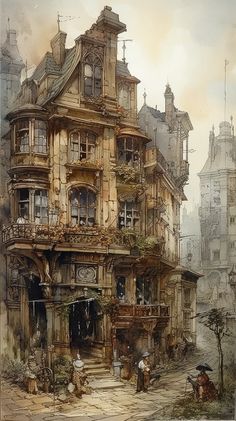 an old building with many windows and balconies on the top floor is shown in this painting