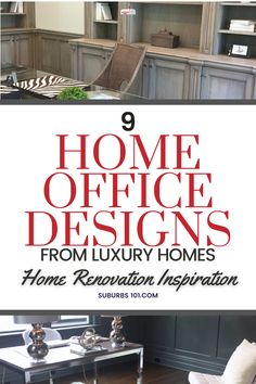 the front cover of a home office design from luxury homes, featuring chairs and desks