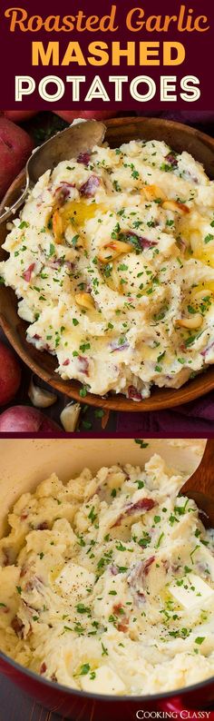 two pictures of potatoes and mashed potatoes in a casserole dish with text overlay that reads roasted garlic mashed potatoes